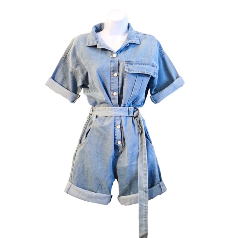Storets Tiani Denim Midi Romper Jumpsuit Belted
